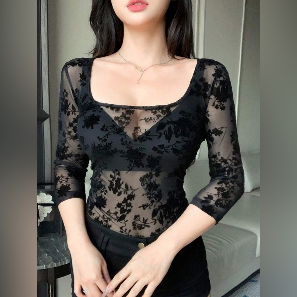 Women Full Print Floral Flocked Crew Neck Tops